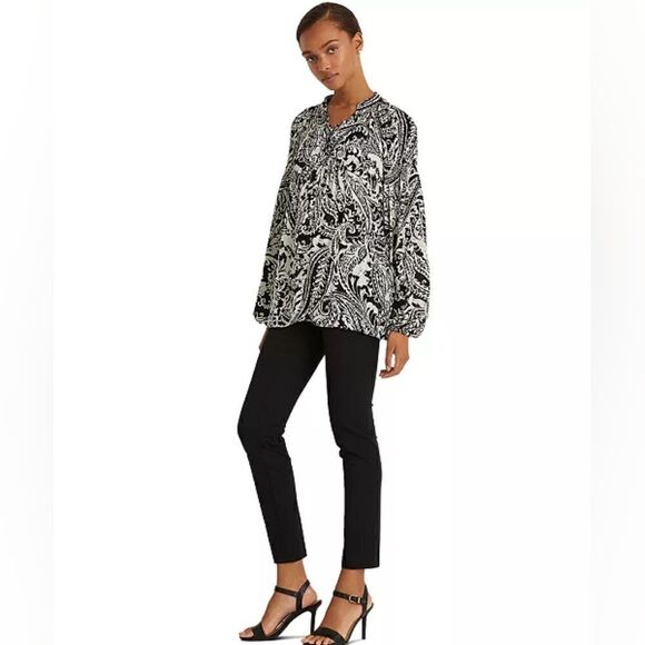 Lauren Ralph Lauren Black Label Paisley Micro Pleated Georgette Blouse Top - Picture 1 of 15